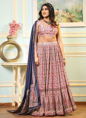 Multi Digital Printed Satin Silk Lehenga With Blouse Up To 42" Size 1