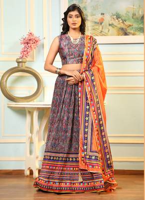 Multi Digital Printed Satin Silk Lehenga With Blouse Up To 42" Size 1