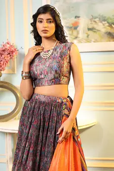 Multi Digital Printed Satin Silk Lehenga With Blouse Up To 42" Size