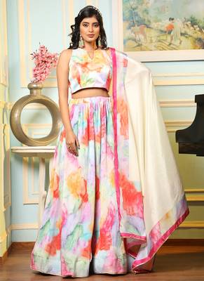 Multi Digital Printed Satin Silk Lehenga With Blouse Up To 42" Size 1