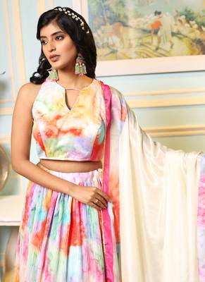 Multi Digital Printed Satin Silk Lehenga With Blouse Up To 42" Size 2