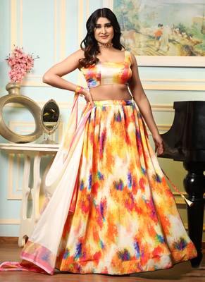 Multi Digital Printed Satin Silk Lehenga With Blouse Up To 42" Size 1