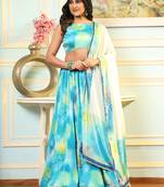 Blue Digital Printed Satin Silk Lehenga With Blouse Up To 42" Size