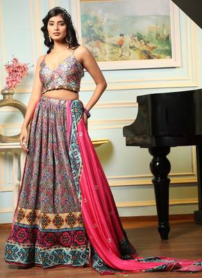 Boho Chic Multicolor Printed Lehenga Choli with Pink Dupatta 1