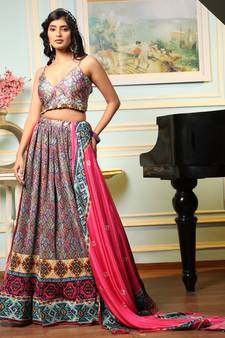 Boho Chic Multicolor Printed Lehenga Choli with Pink Dupatta
