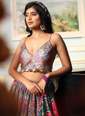 Boho Chic Multicolor Printed Lehenga Choli with Pink Dupatta 2