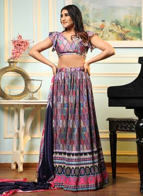 Multi Digital Printed Satin Silk Lehenga With Blouse Up To 42" Size 1