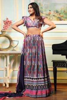 Multi Digital Printed Satin Silk Lehenga With Blouse Up To 42" Size