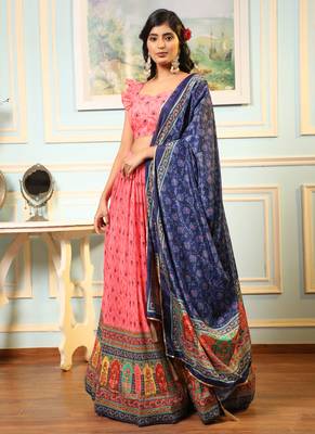 Pink Digital Printed Satin Silk Lehenga With Blouse Up To 42" Size 1