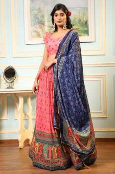 Pink Digital Printed Satin Silk Lehenga With Blouse Up To 42" Size