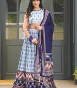 Blue Digital Printed Satin Silk Lehenga With Blouse Up To 42" Size