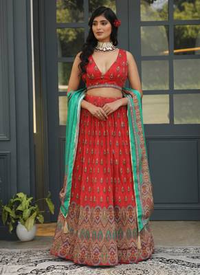 Red Digital Printed Satin Silk Lehenga With Blouse Up To 42" Size 1
