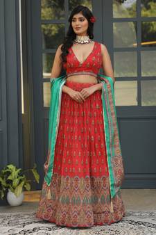 Red Digital Printed Satin Silk Lehenga With Blouse Up To 42" Size