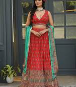 Red Digital Printed Satin Silk Lehenga With Blouse Up To 42" Size
