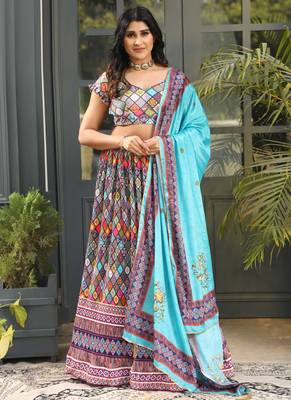 Multi Digital Printed Satin Silk Lehenga With Blouse Up To 42" Size 1