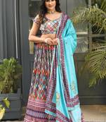 Multi Digital Printed Satin Silk Lehenga With Blouse Up To 42" Size