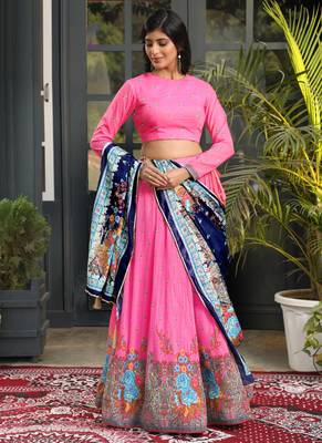 Pink Digital Printed Satin Silk Lehenga With Blouse Up To 42" Size 1
