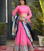 Pink Digital Printed Satin Silk Lehenga With Blouse Up To 42" Size