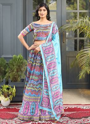 Multi Digital Printed Satin Silk Lehenga With Blouse Up To 42" Size 1