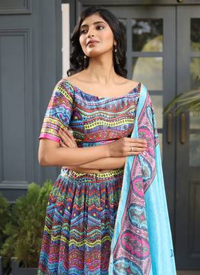 Multi Digital Printed Satin Silk Lehenga With Blouse Up To 42" Size 2