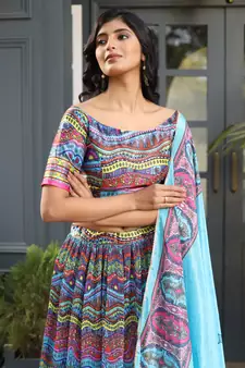 Multi Digital Printed Satin Silk Lehenga With Blouse Up To 42" Size