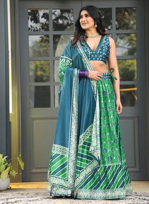 Multi Digital Printed Satin Silk Lehenga With Blouse Up To 42" Size 1