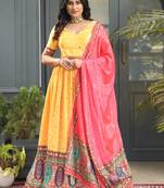 Yellow Digital Printed Satin Silk Lehenga With Blouse Up To 42" Size