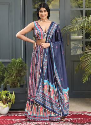 Multi Digital Printed Satin Silk Lehenga With Blouse Up To 42" Size 1