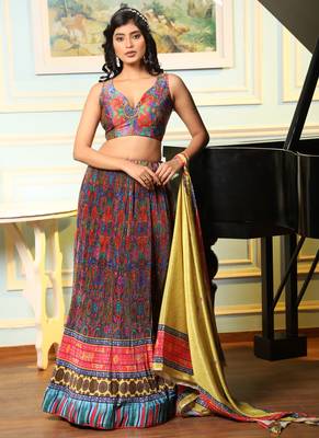 Multicolor Satin Printed Lehenga Choli with Chiffon Dupatta 1