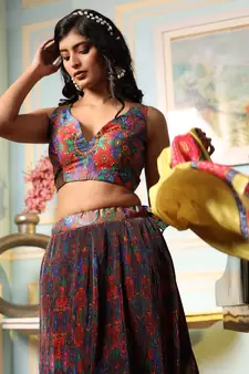 Multicolor Satin Printed Lehenga Choli with Chiffon Dupatta