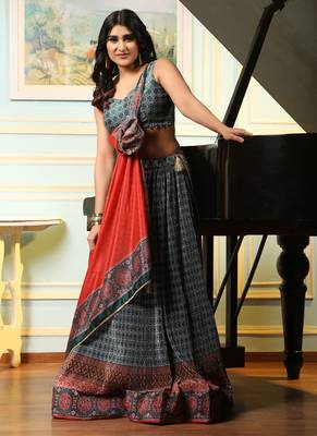 Multi Digital Printed Satin Silk Lehenga With Blouse Up To 42" Size 1