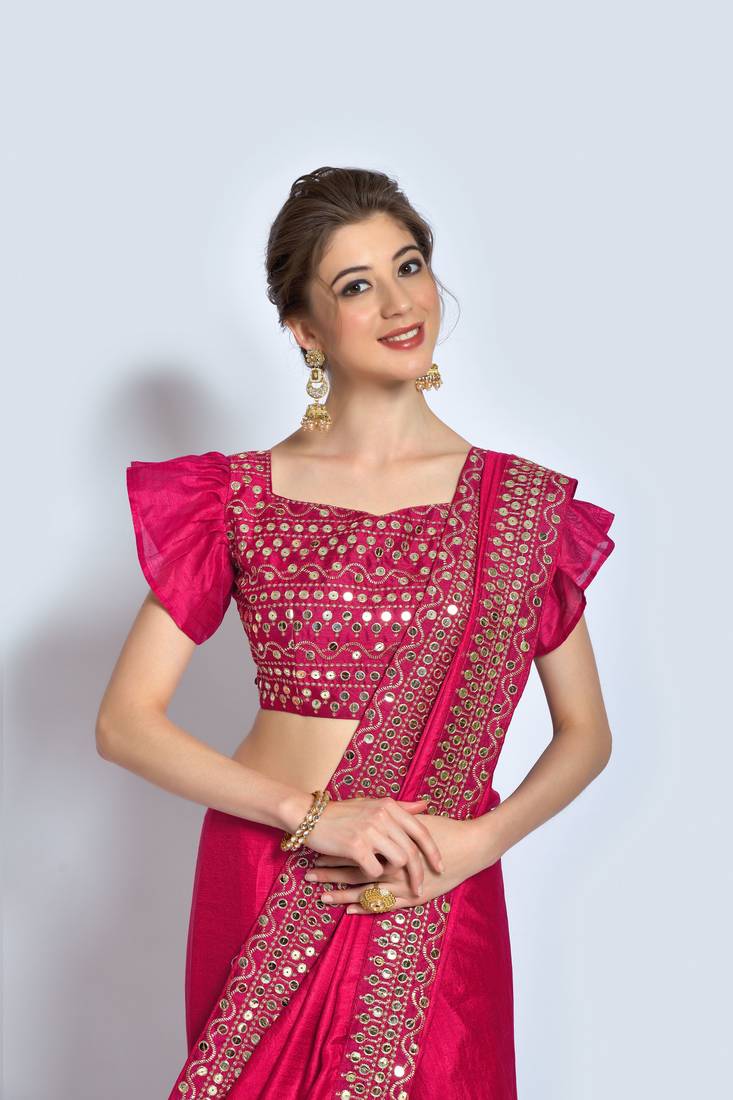 Blue Vichitra Silk Blouse | V-Neck Zari Sequin Embroidery | Size 38