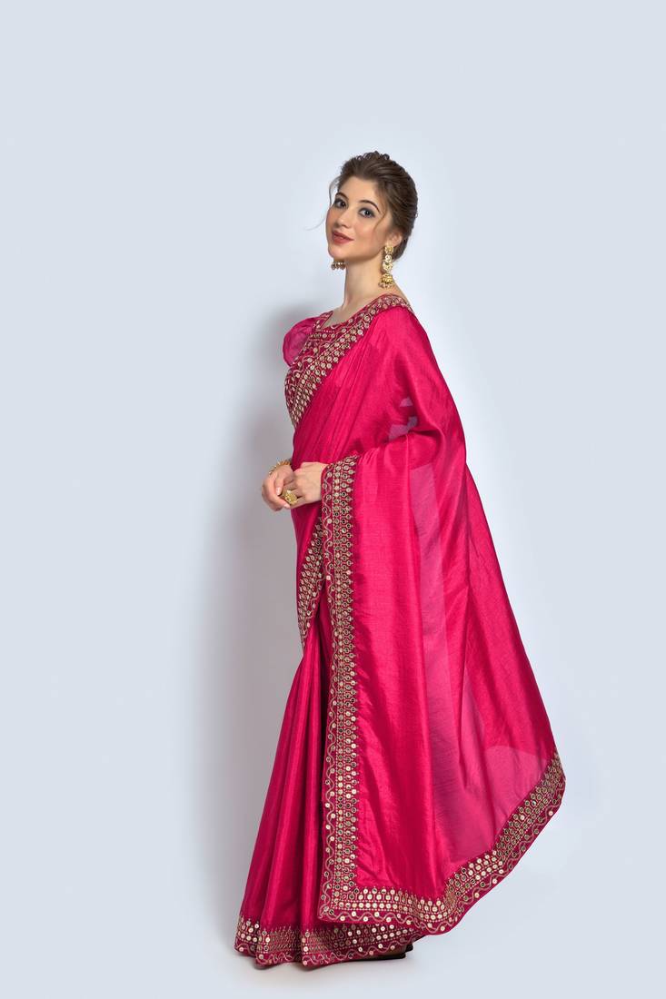 Women's Vichitra Silk Pink Embroidered Designer Saree With Blouse Piece