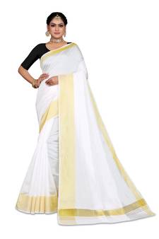 Kasavu Kerala Solid Cotton White And Gold Traditional Saree