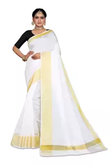 Kasavu Kerala Solid Cotton White And Gold Traditional Saree