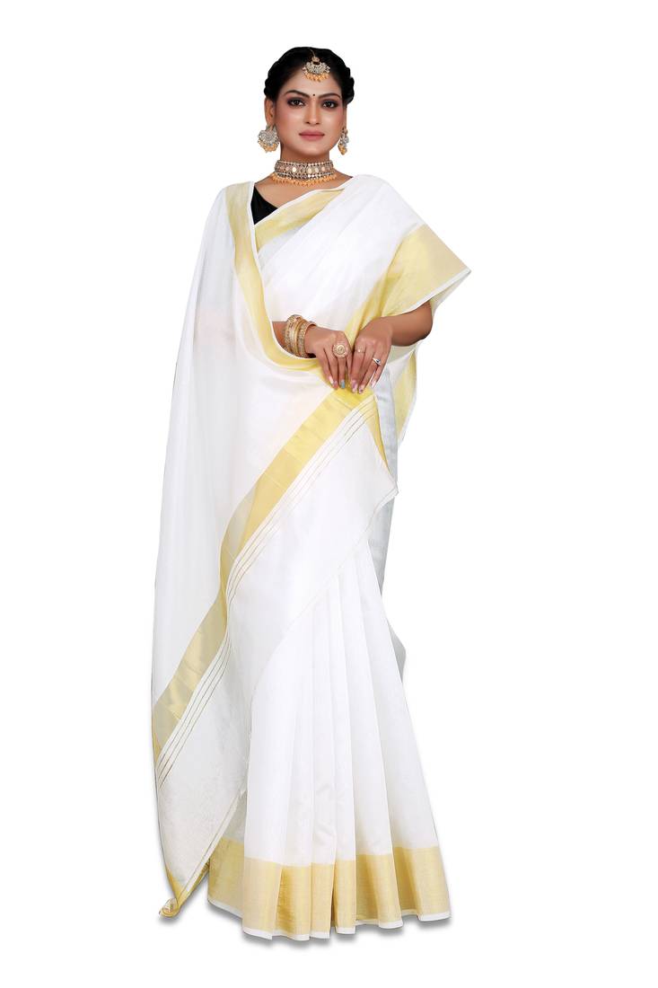 Kasavu Kerala Solid Cotton White And Gold Traditional Saree