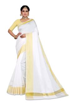 Kasavu Kerala Solid Cotton White And Gold Traditional Saree