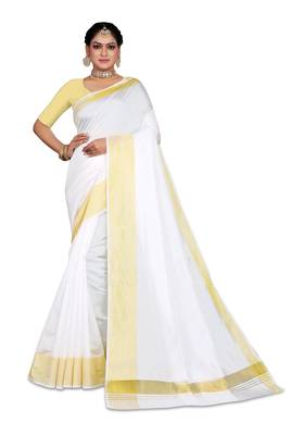 Kasavu Kerala Solid Cotton White And Gold Traditional Saree 1