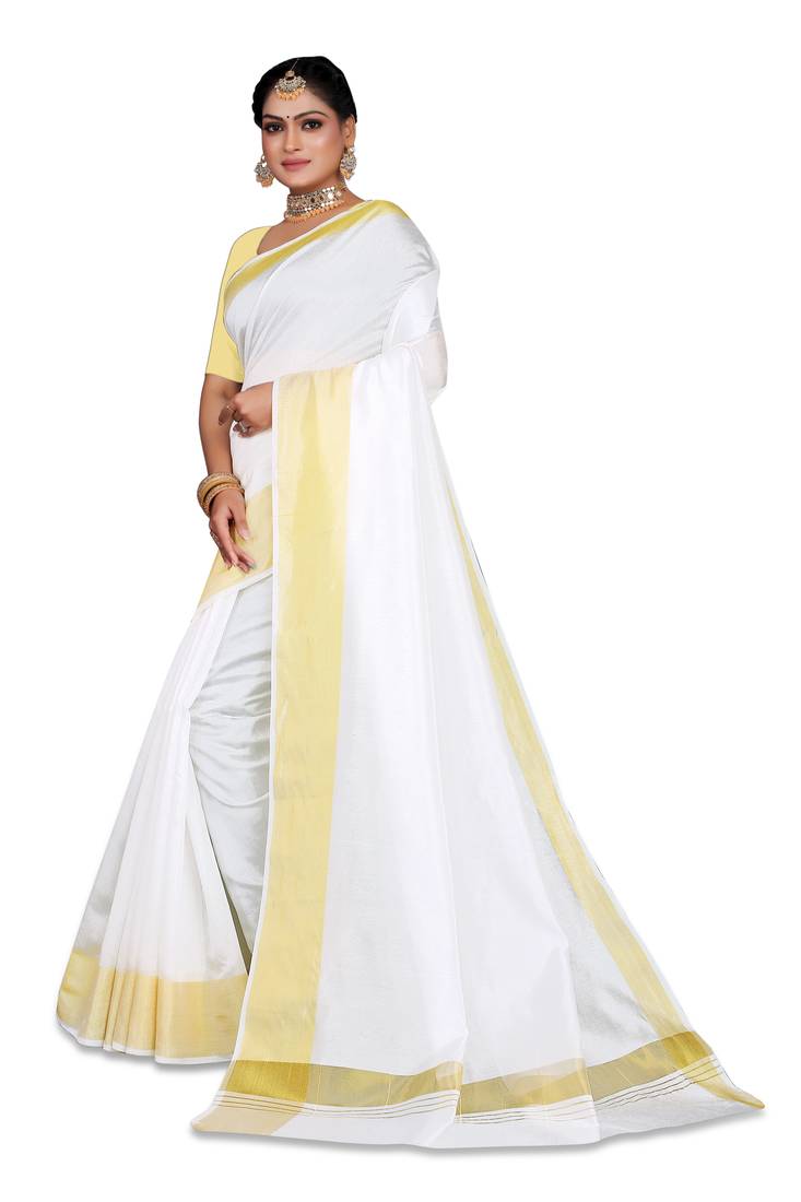 Kasavu Kerala Solid Cotton White And Gold Traditional Saree