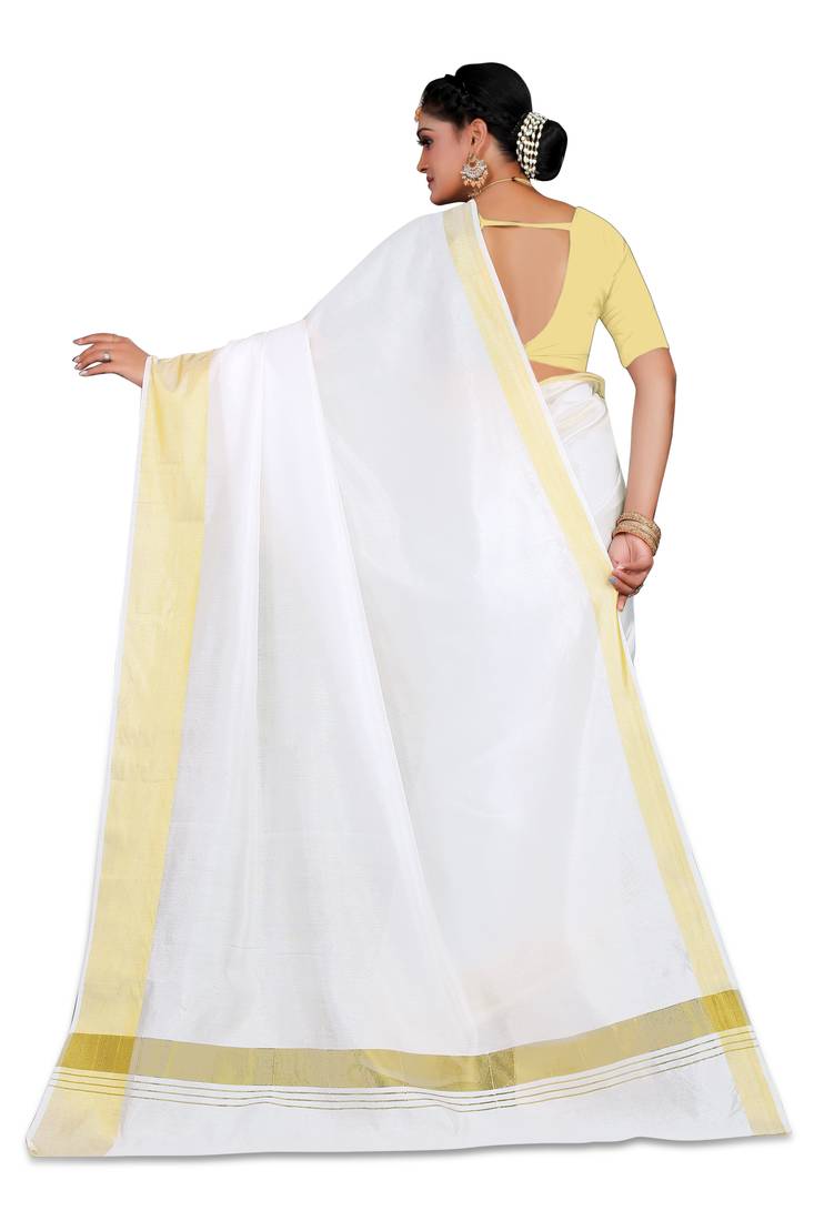 Kasavu Kerala Solid Cotton White And Gold Traditional Saree
