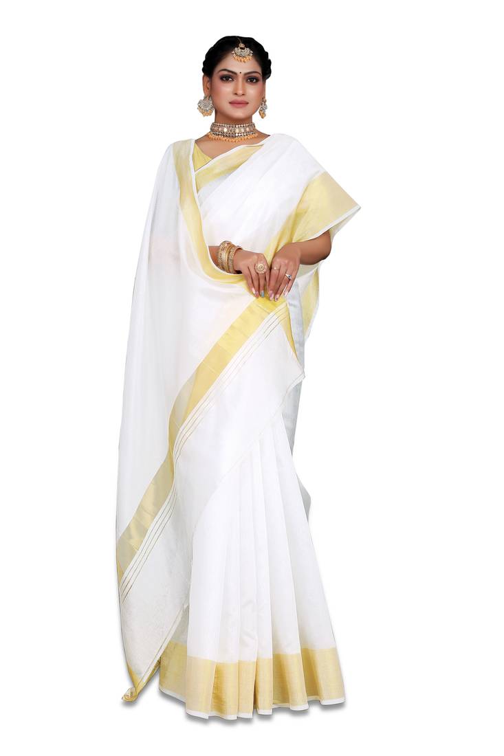 Kasavu Kerala Solid Cotton White And Gold Traditional Saree