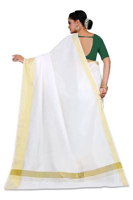 Kasavu Kerala Solid Cotton White And Gold Traditional Saree 4