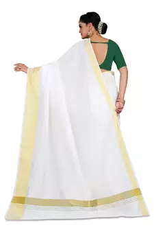 Kasavu Kerala Solid Cotton White And Gold Traditional Saree