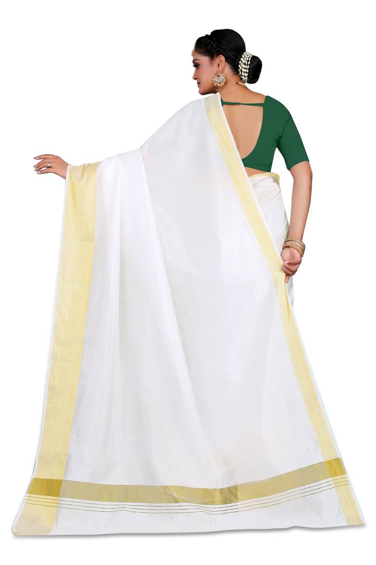 Kasavu Kerala Solid Cotton White And Gold Traditional Saree