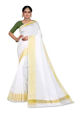 Kasavu Kerala Solid Cotton White And Gold Traditional Saree 1