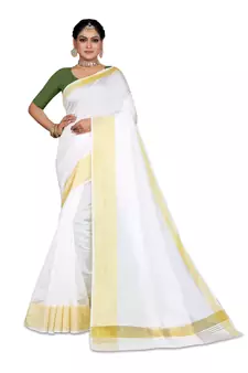 Kasavu Kerala Solid Cotton White And Gold Traditional Saree
