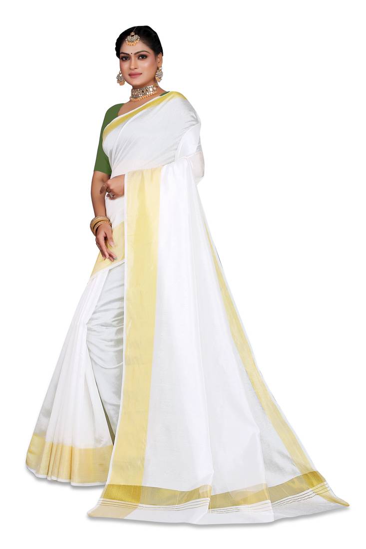 Kasavu Kerala Solid Cotton White And Gold Traditional Saree