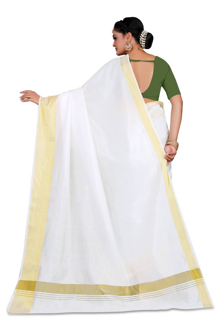 Kasavu Kerala Solid Cotton White And Gold Traditional Saree