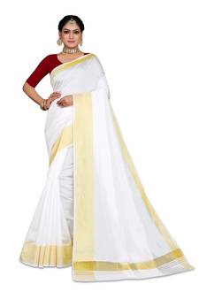 Kasavu Kerala Solid Cotton White And Gold Traditional Saree