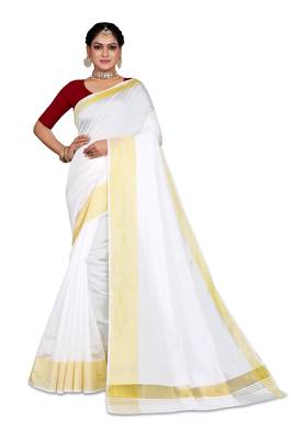 Kasavu Kerala Solid Cotton White And Gold Traditional Saree 1